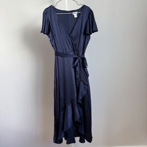 Nicole Miller New York sz 10 Blue Wrap Midi Dress Ruffle Flutter Cocktail Luxury